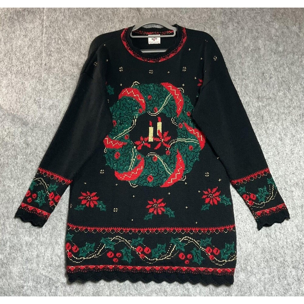 Vintage Sweater Womens Medium Black Fair Isle Christmas Wreath Holiday Party USA
